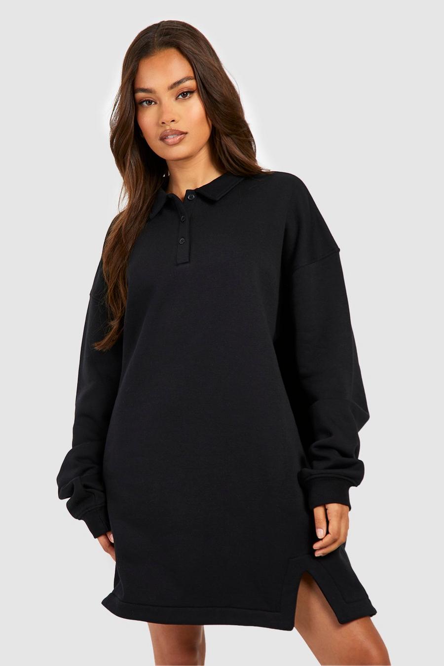 Super Oversize Sweatshirt-Kleid mit Rugby-Kragen, Black