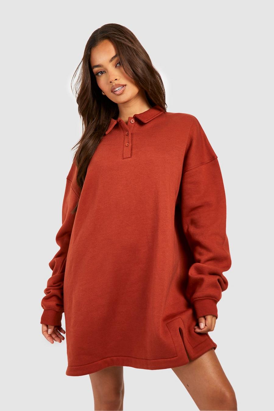 Tan Rugby Collar Super Oversized Sweat Dress image number 1