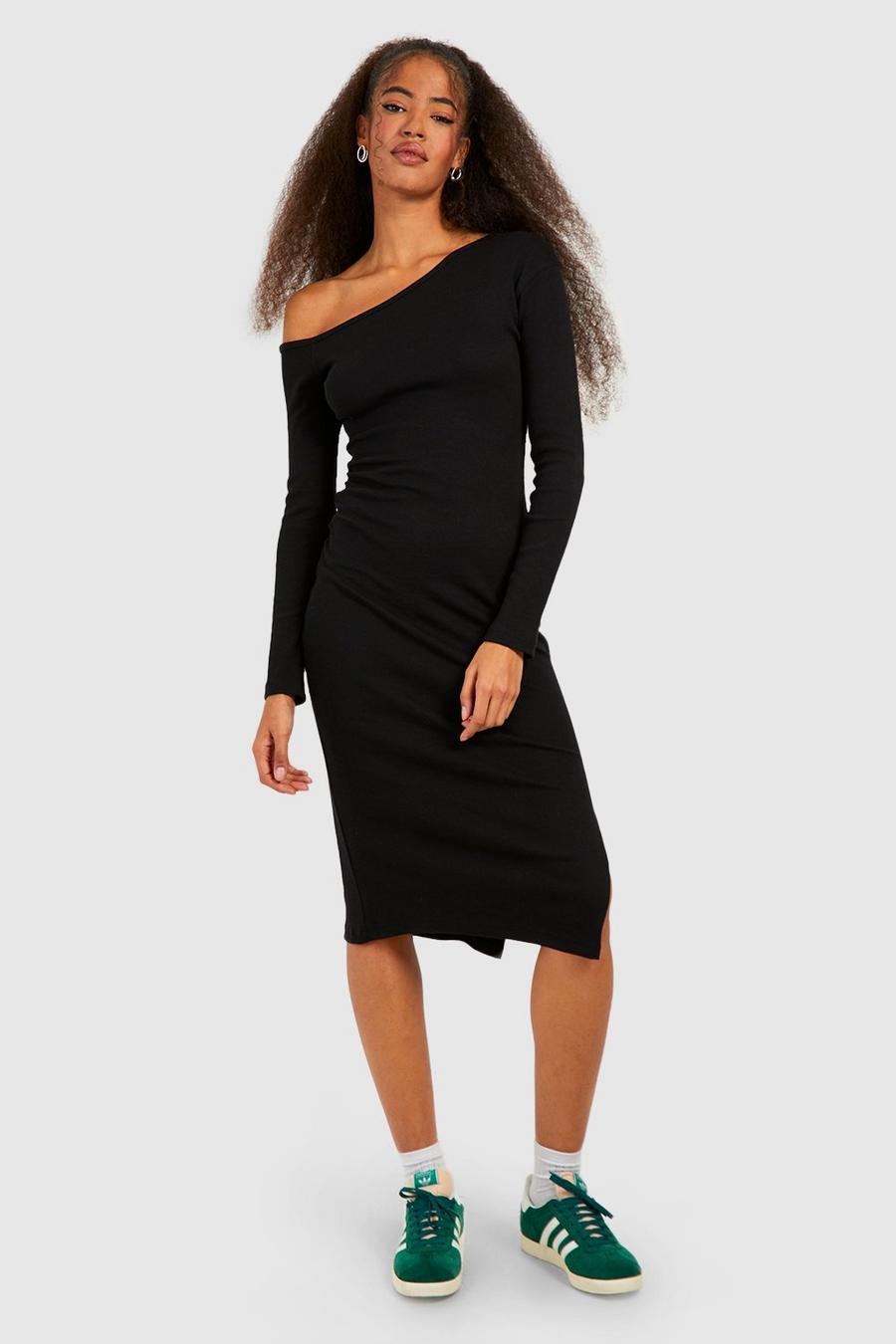 Black Asymmetric Split Midi Dress
