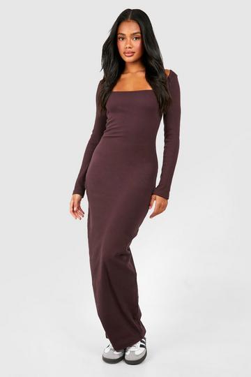 Chocolate Brown Long Sleeve Square Neck Midaxi Dress