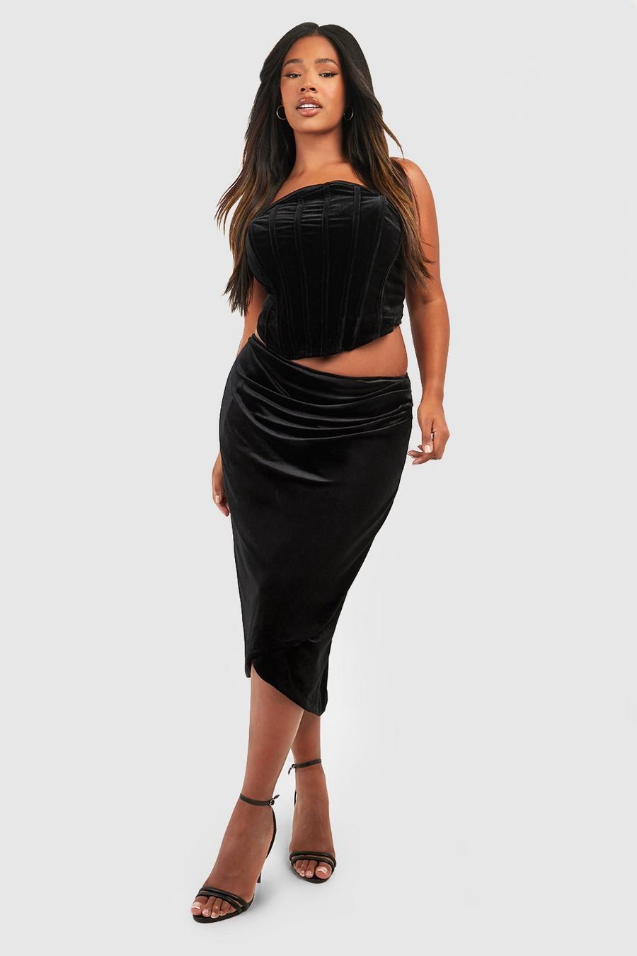 Gonna midi Plus Size in velluto con ruches laterali, Black image number 1