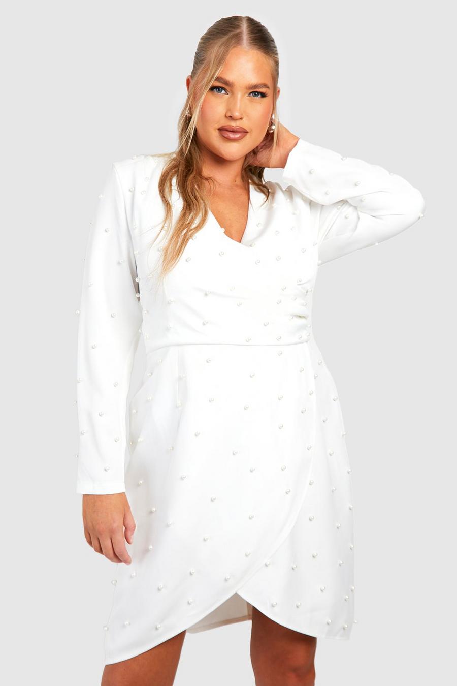 Grande taille - Robe portefeuille à détail en perle, White