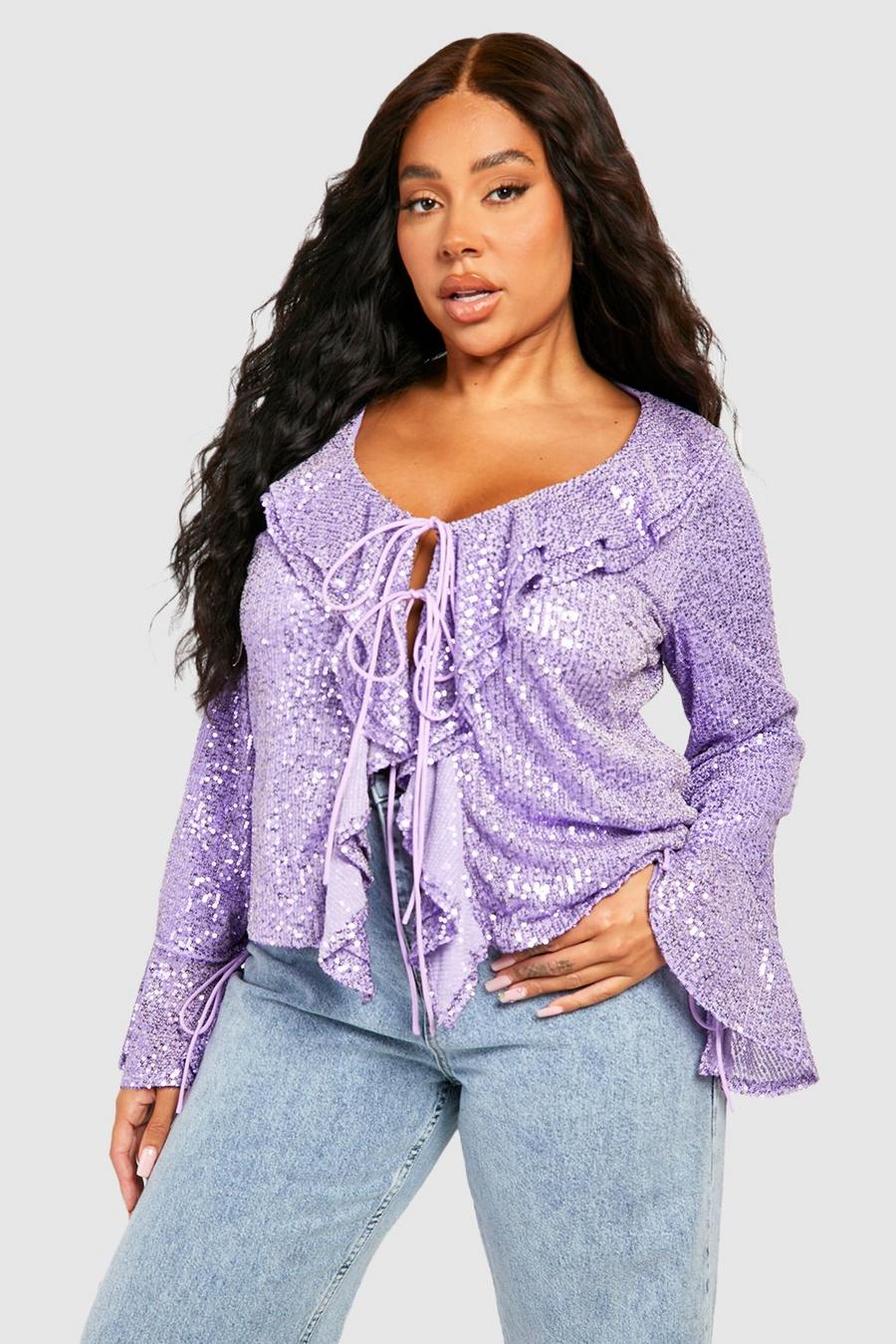 Lilac violet Plus Sequin Ruffle Tie Front Blouse