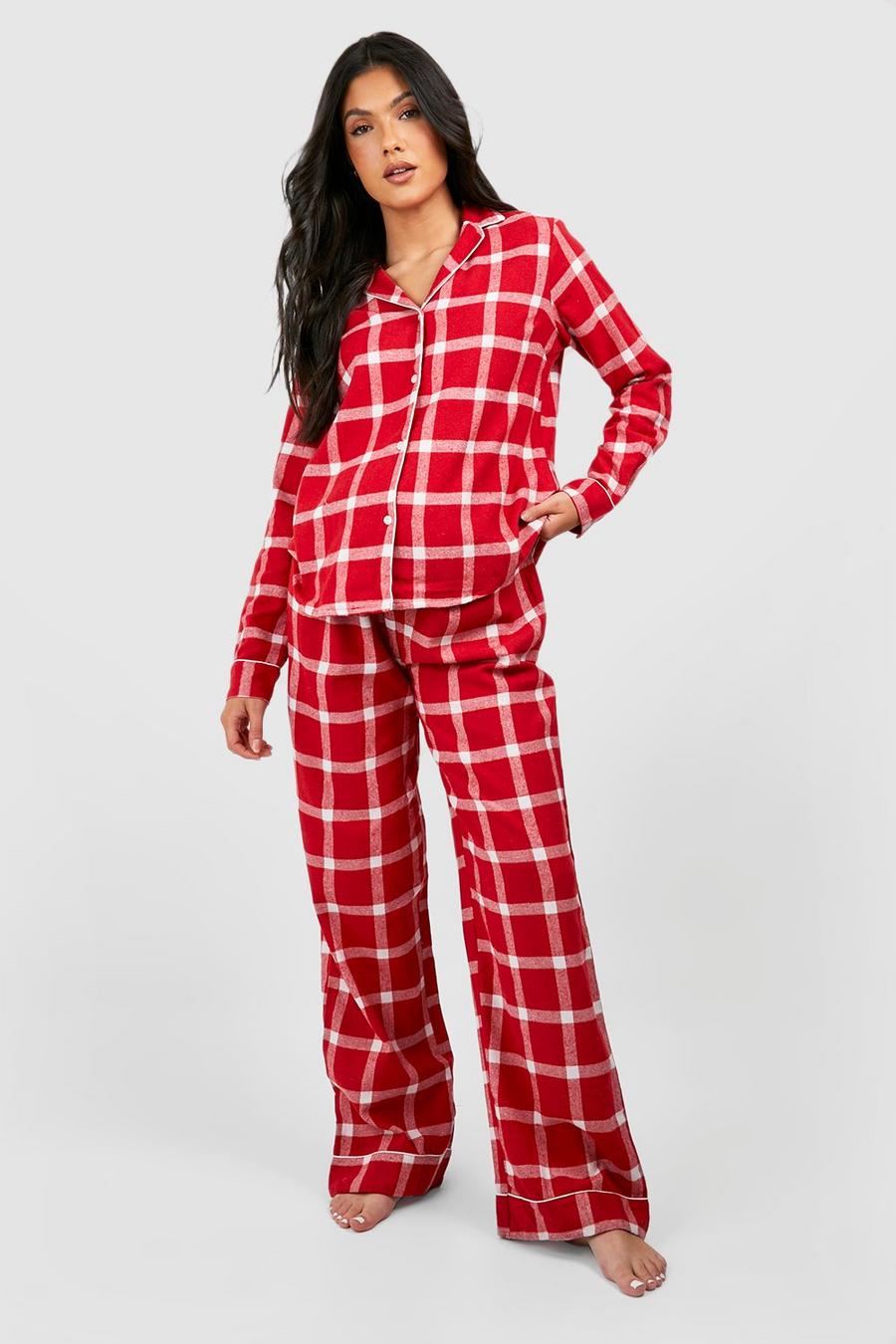 Pijama Premamá de lúrex cardado dorado con cuadros rojos y botones, Red
