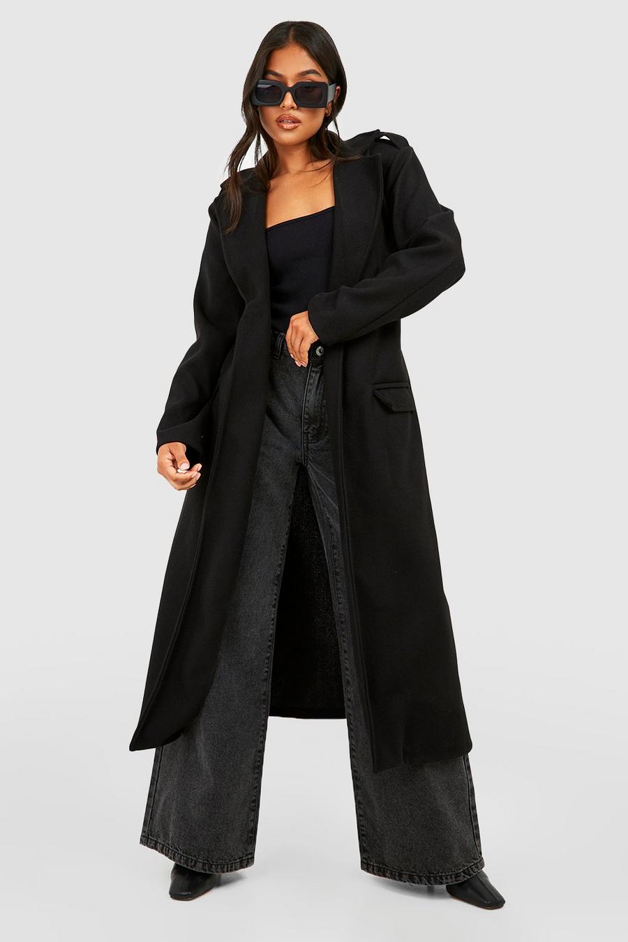 Cappotto Petite oversize effetto lana maxi con cintura, Black image number 1