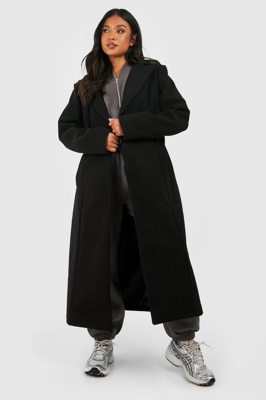 Black Petite Wool Look Synched Waist Coat image number 1