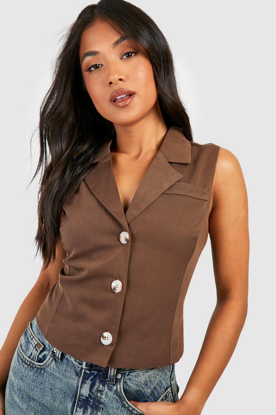 Chestnut brown Petite Collar Detail Waistcoat 