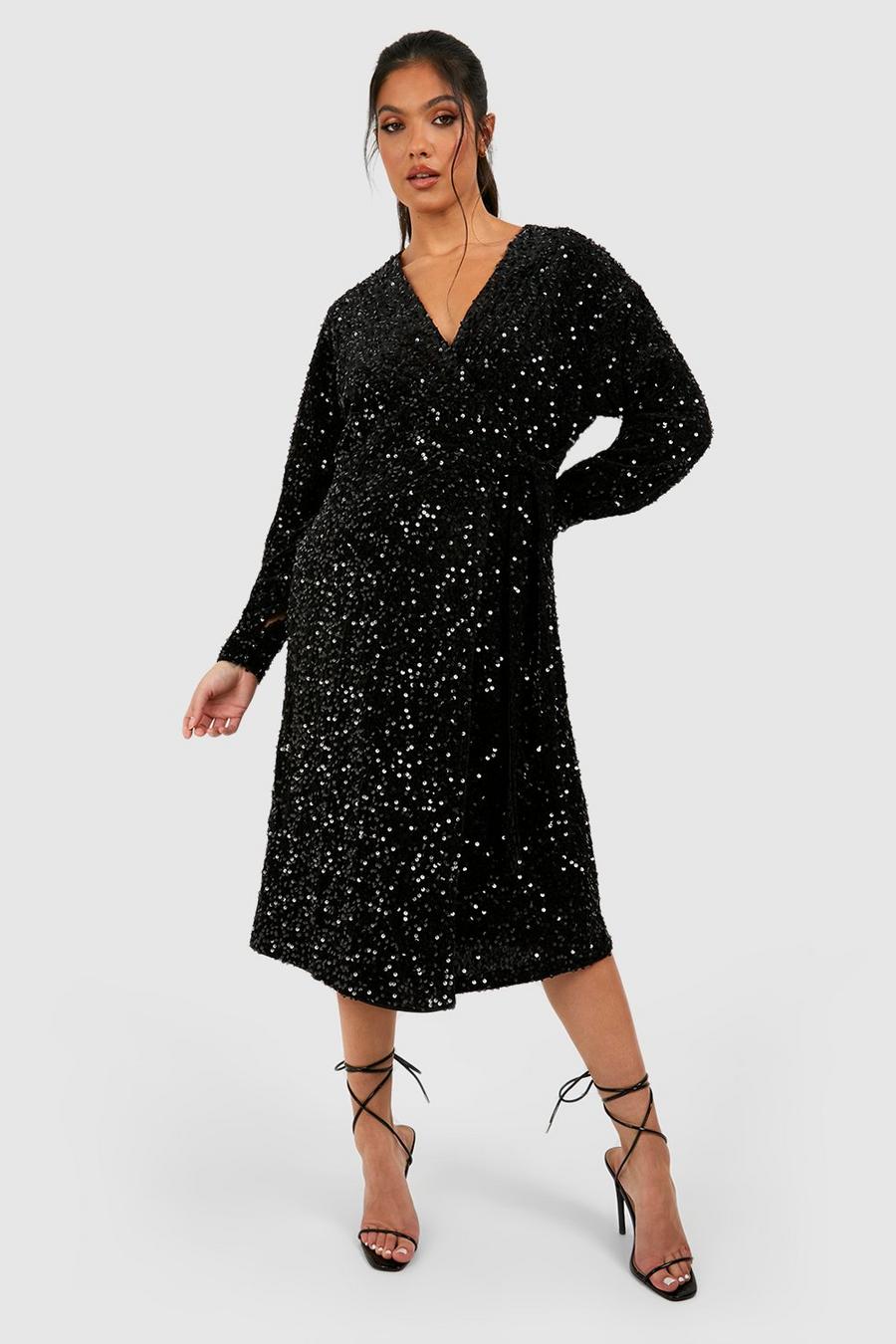 Black Maternity Velvet Sequin Wrap Midi Dress image number 1