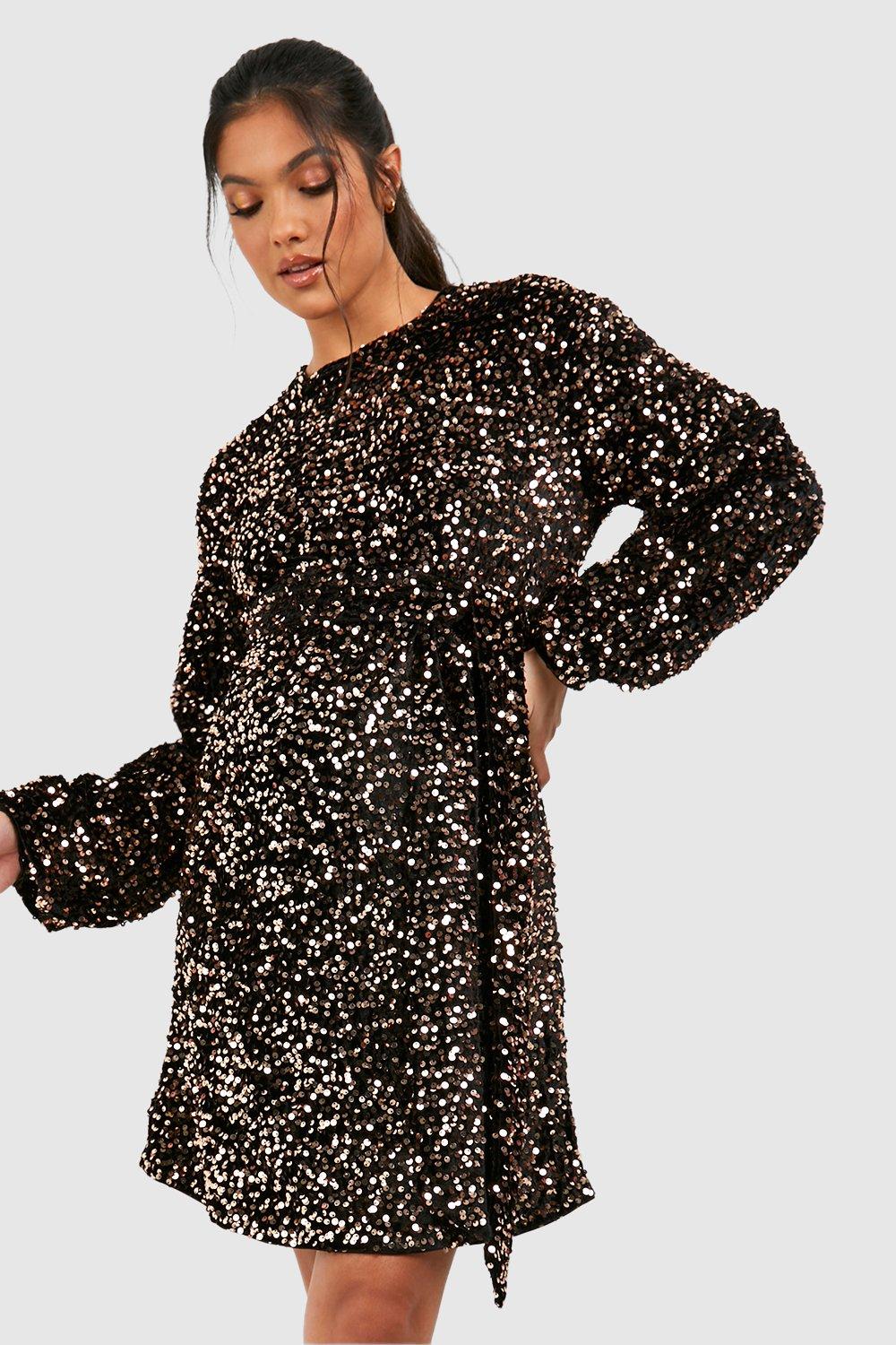 Boohoo Maternity Velvet Sequin Tie Waist Shift Dress in Black