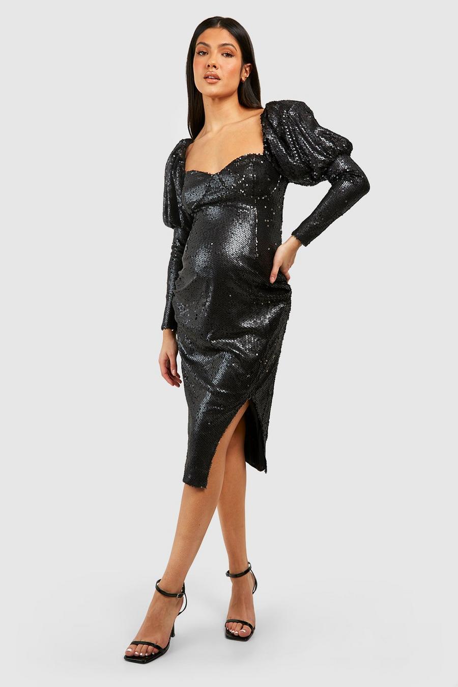 Black Maternity Sequin Puff Sleeve Dress image number 1