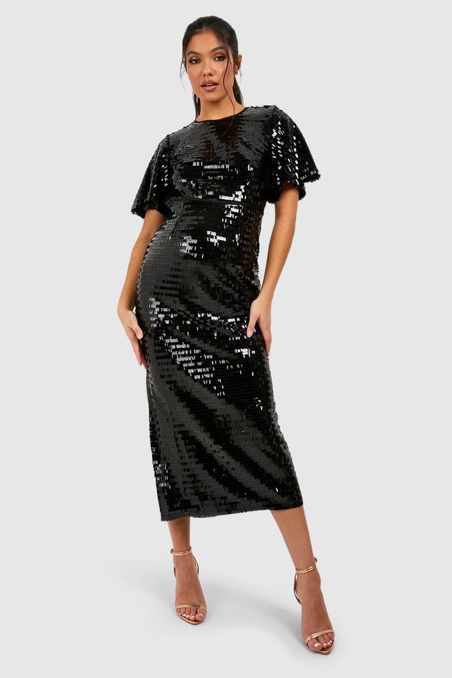 Black Maternity Sequin Angel Sleeve Midi Dress image number 1