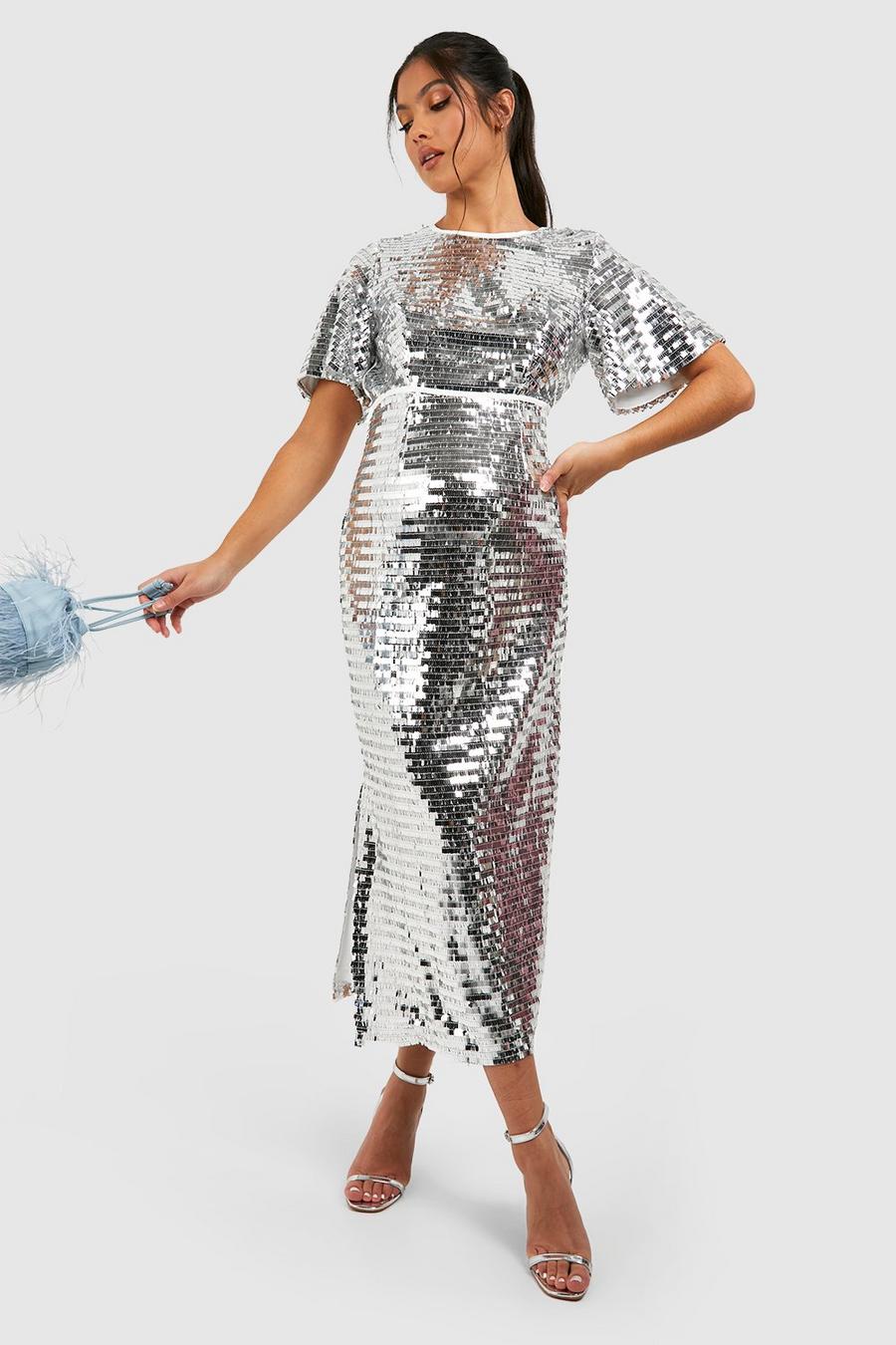 Silver Maternity Sequin Angel Sleeve Midi Dress