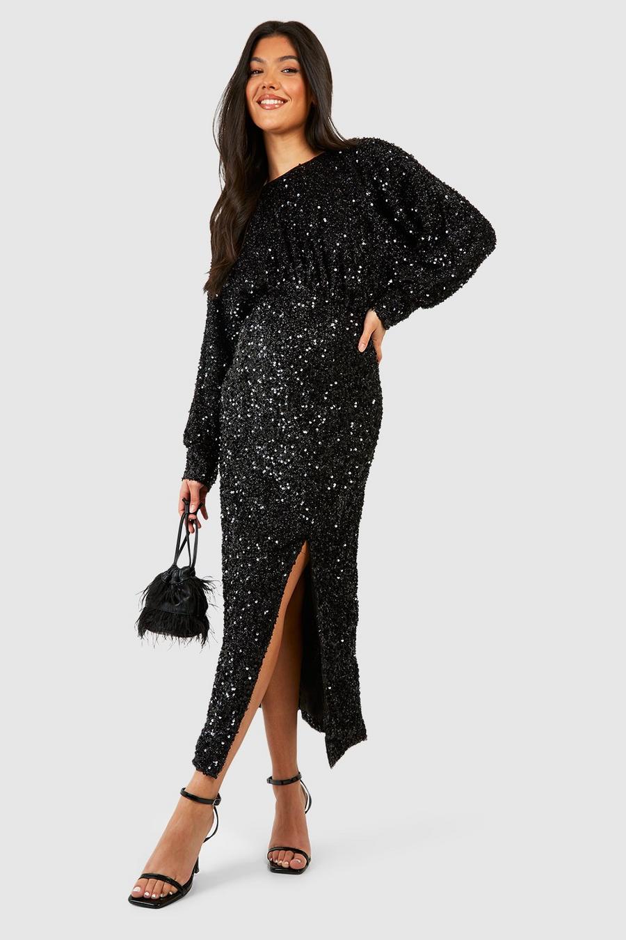 Black Maternity Puff Sleeve Sequin Midi Dress image number 1