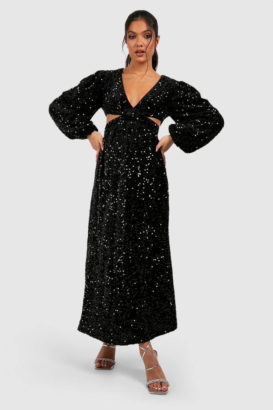Black Maternity Velvet Sequin O Ring Midi Dress image number 1