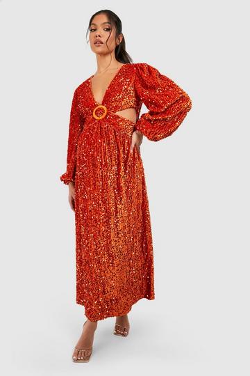 Maternity Velvet Sequin O Ring Midi Dress burnt orange