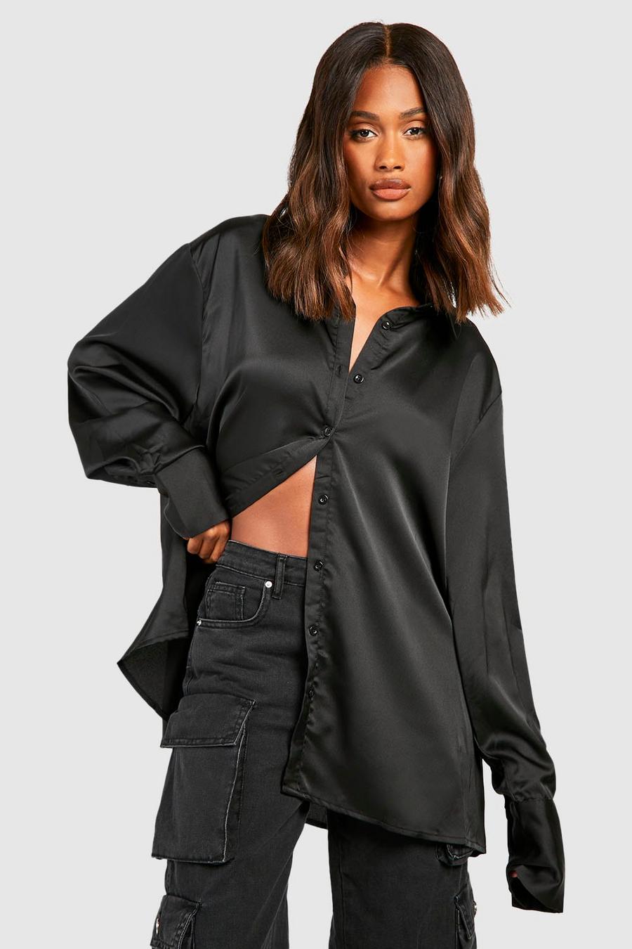 Black svart Oversized Satin Deep Cuff Shirt