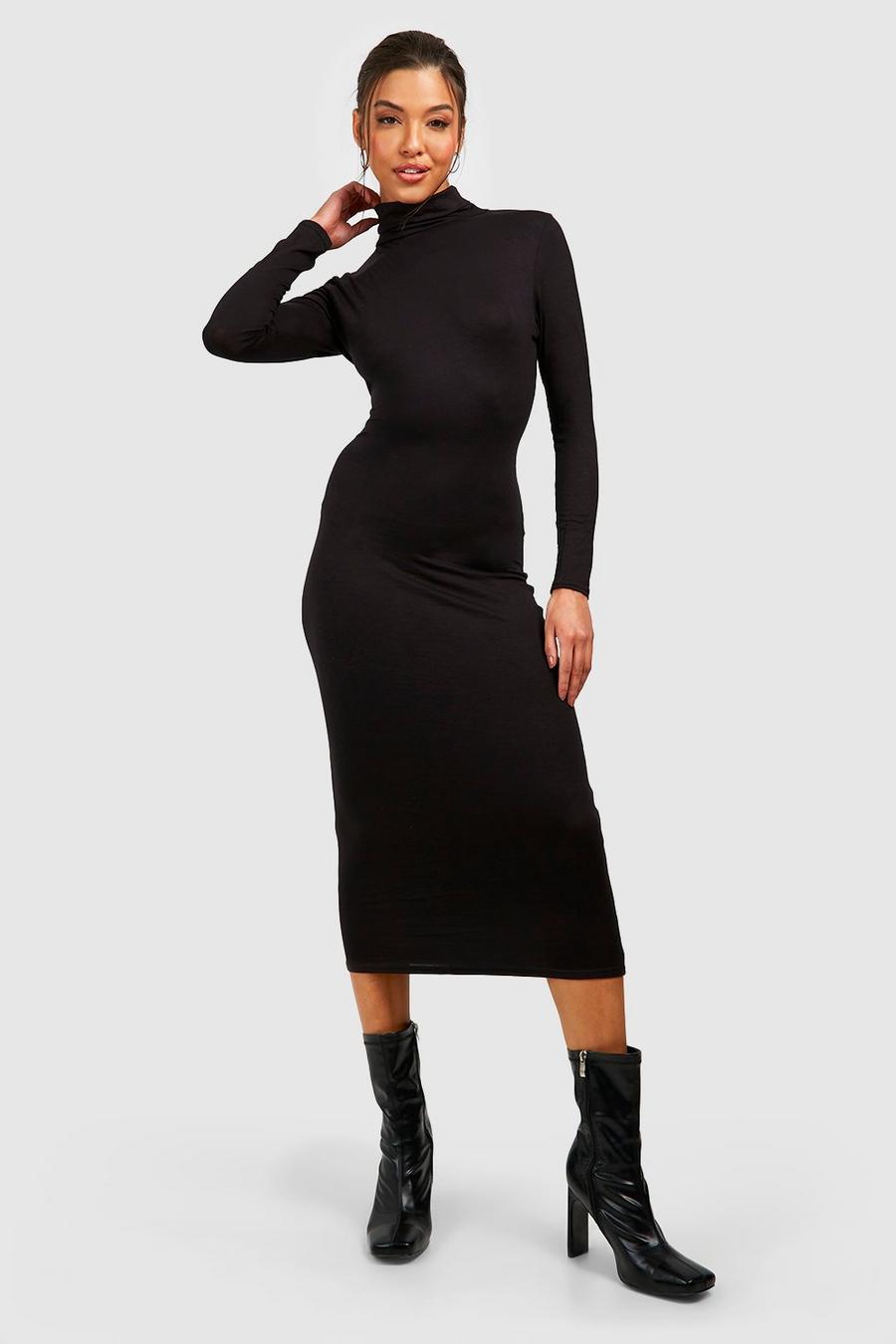 Black Jersey Knit Turtleneck Long Sleeve Midi Dress image number 1