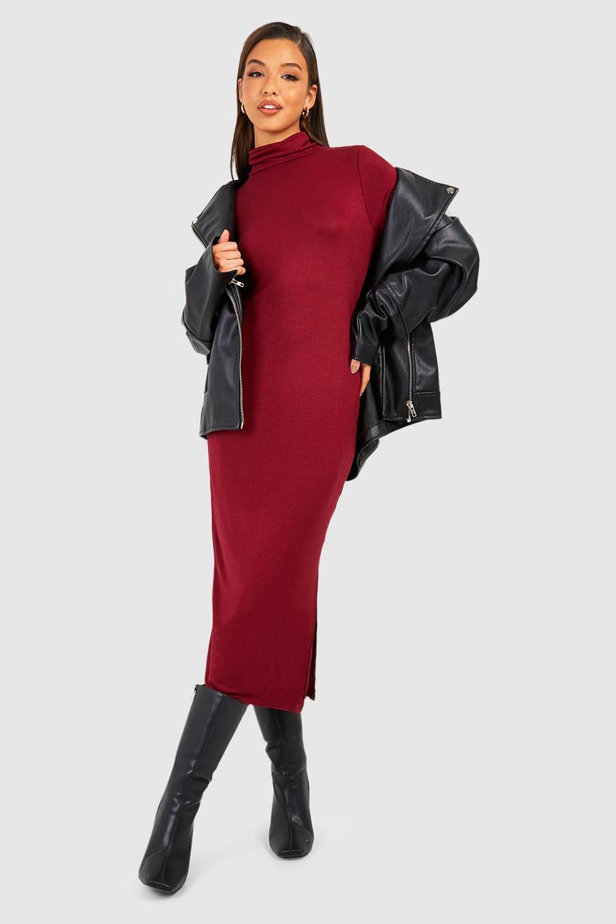 Wine Jersey Knit Turtleneck Long Sleeve Midi Dress image number 1