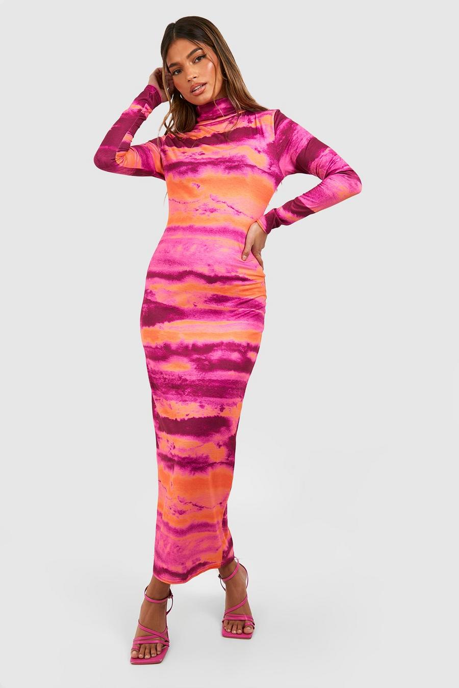 Purple Abstract Printed Jersey Knit Turtleneck Midi Dress