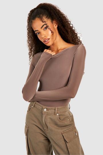 Slinky Slash Neck Long Sleeve Bodysuit mocha