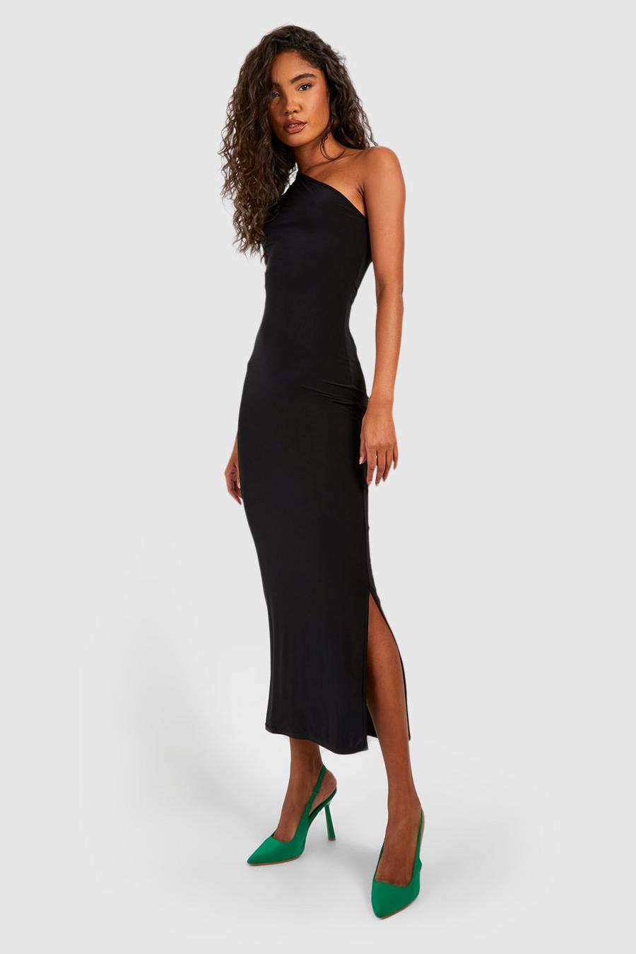 Black Tall Slinky Cap Sleeve Asymmetric Midaxi Dress