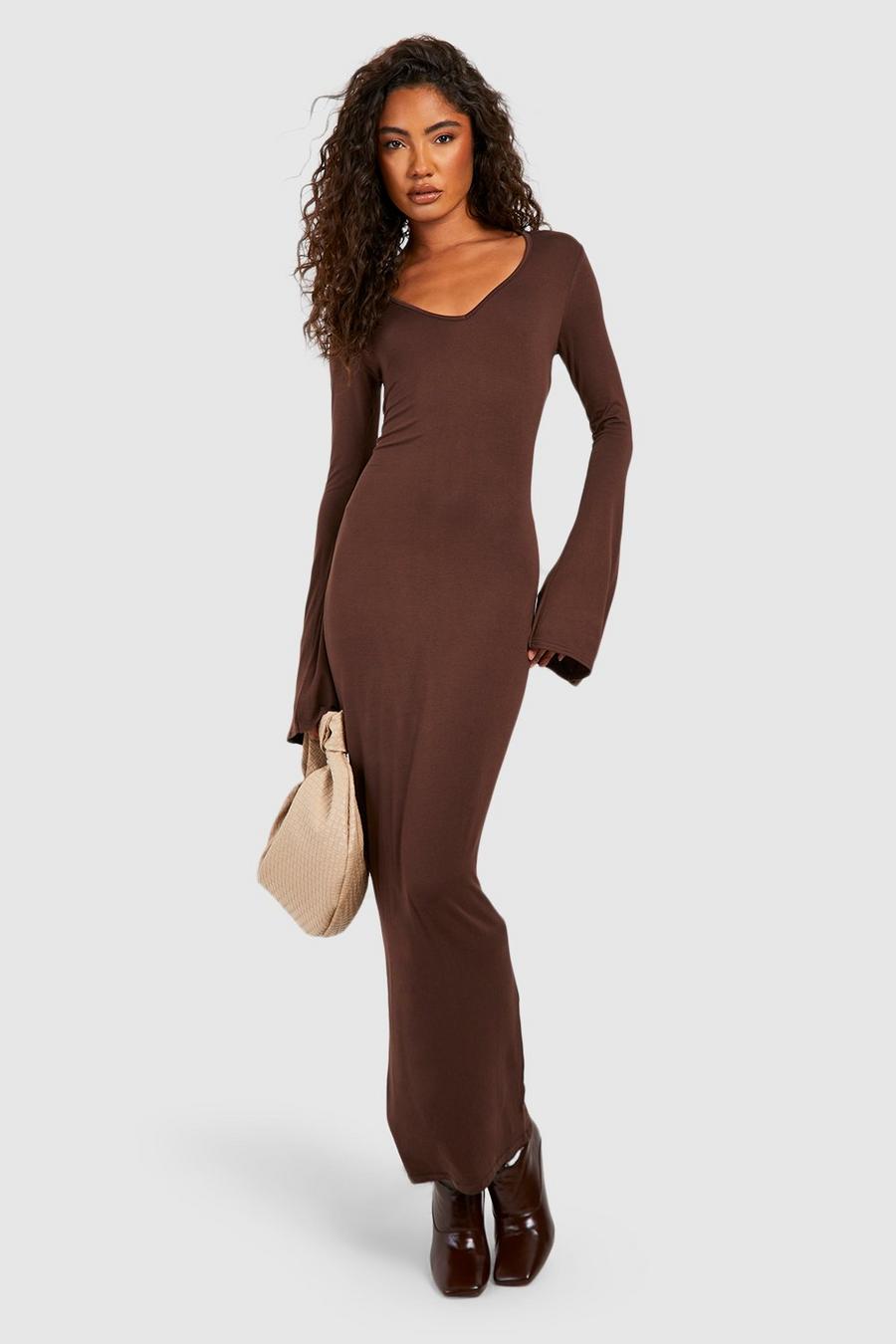 Chocolate brown Tall Flare Cuff Midaxi Dress