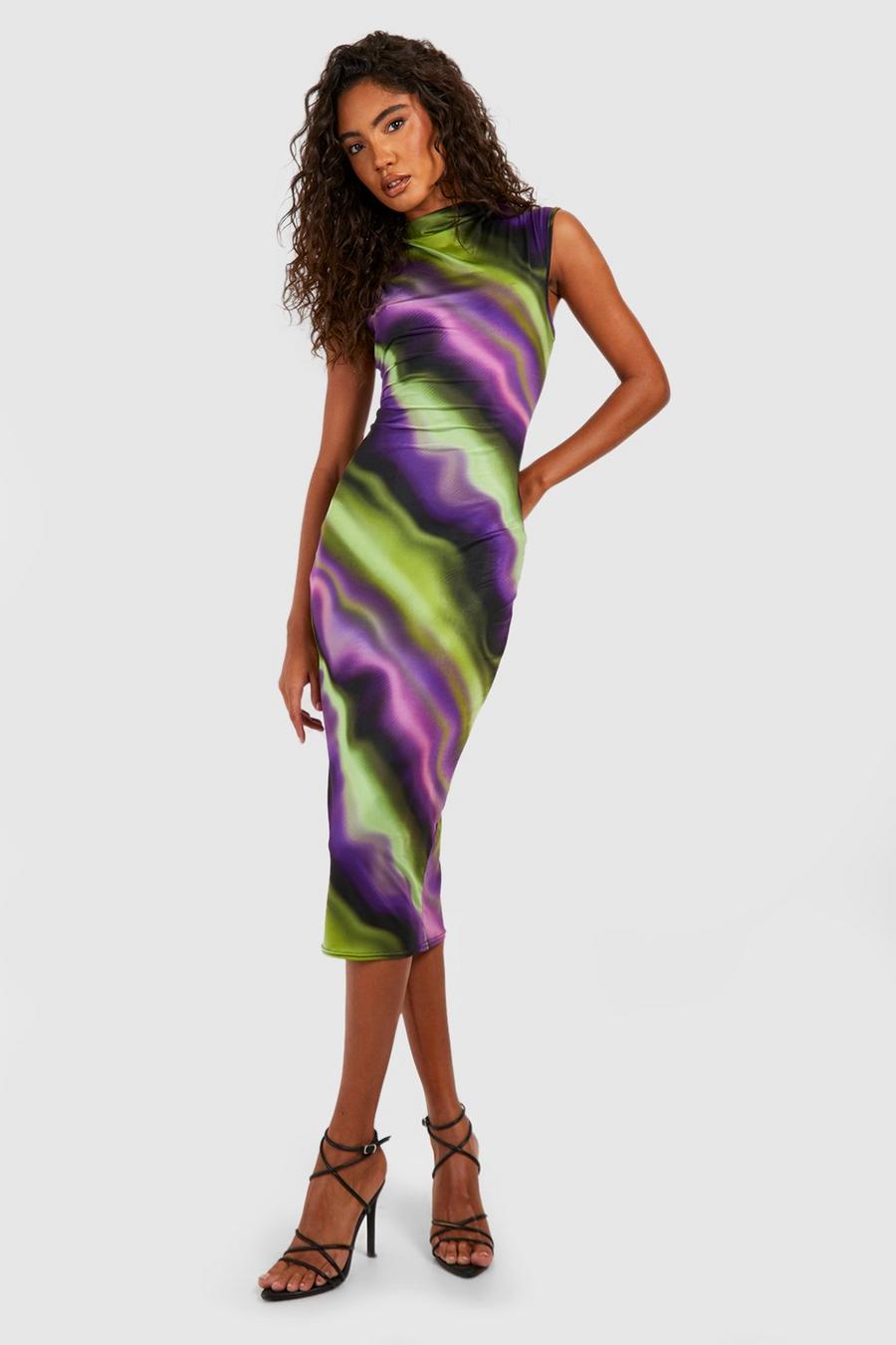 Multi Tall Abstract Wavy Slinky High Neck Midi Dress