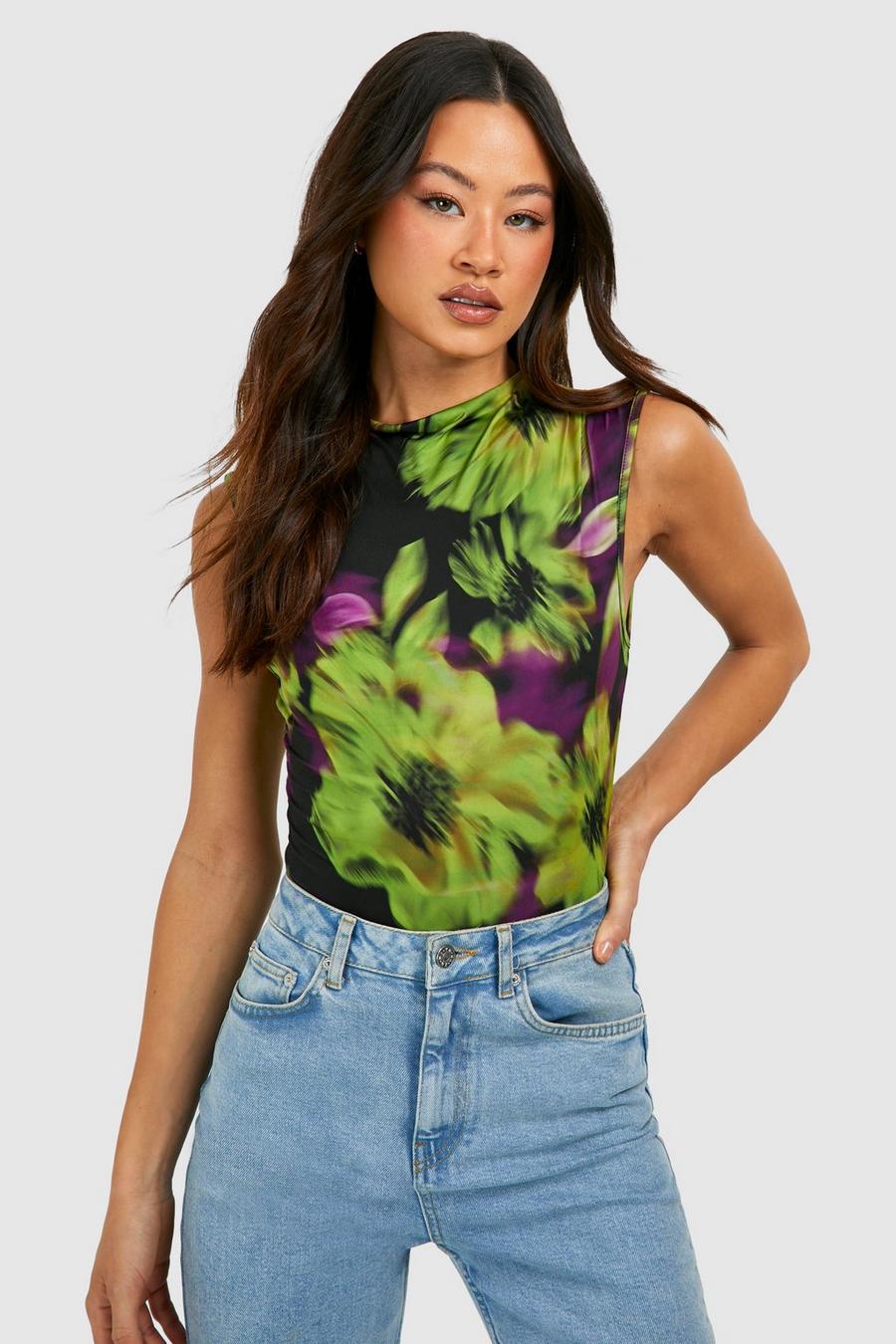 Tall Abstract Floral Funnel Neck Cap Sleeve Bodysuit  image number 1