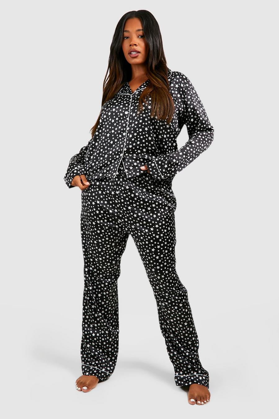 Grande taille - Ensemble pyjama en satin imprimé étoiles avec pantalon, Black