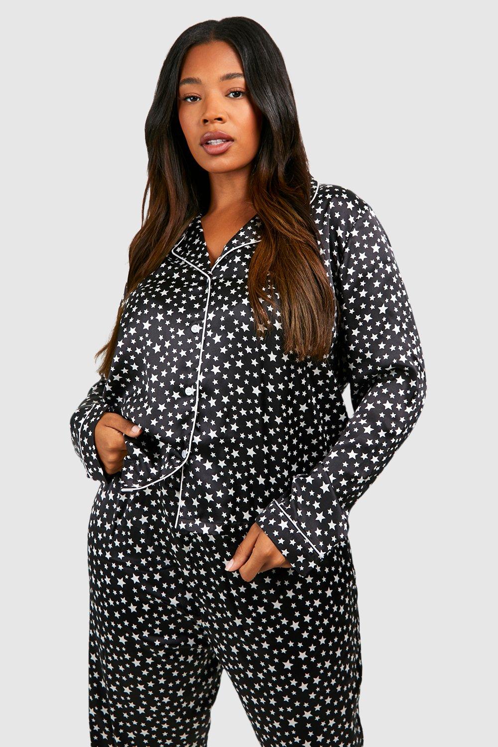 Stars Printed Black Silk Pajamas For Women