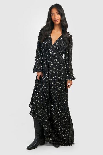 Black Petite Metallic Star Puff Sleeve Maxi Dress