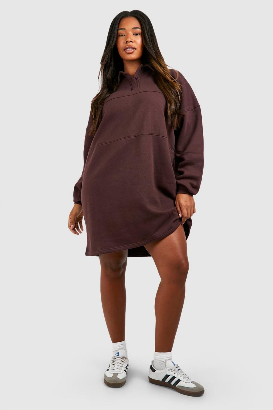 Plus Oversize Sweatshirt-Kleid mit V-Ausschnitt und Kragen, Chocolate
