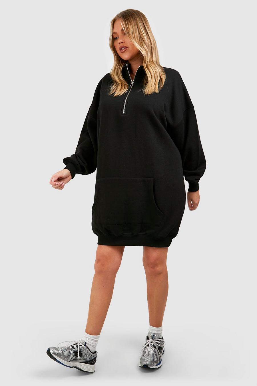 Plus hochgeschlossenes Sweatshirt-Kleid mit 1/2 Reißverschluss, Black schwarz