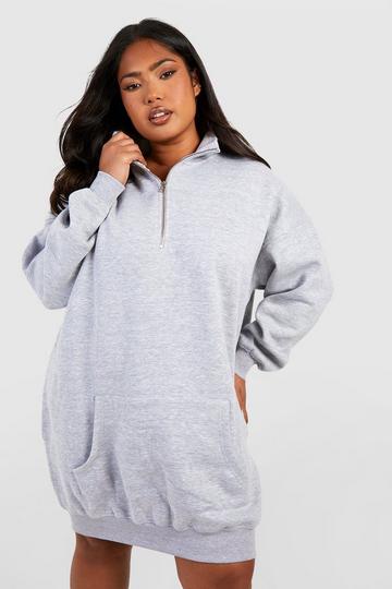 Grey Plus High Neck 1/2 Zip Fitted Sweat Dress