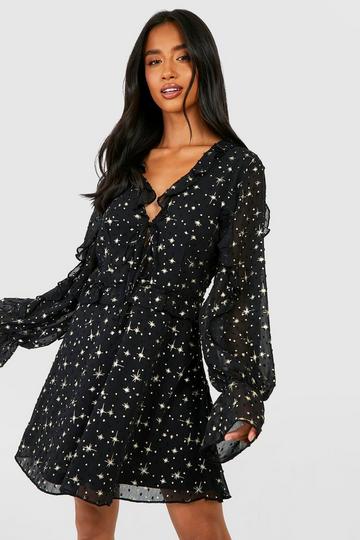 Black Petite Metallic Star Ruffle Tie Skater Dr