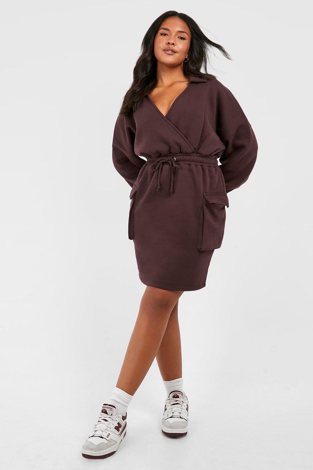 Plus Wrap Tie Waist Cargo Pocket Sweat Dress