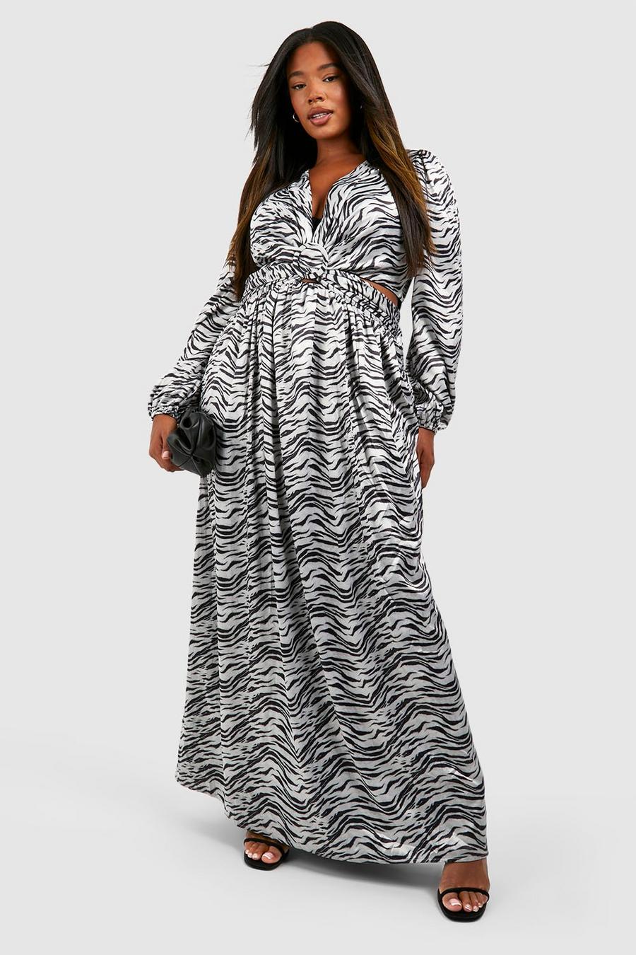 Black Plus Zebra Print Chiffon Cut Out Maxi Dress