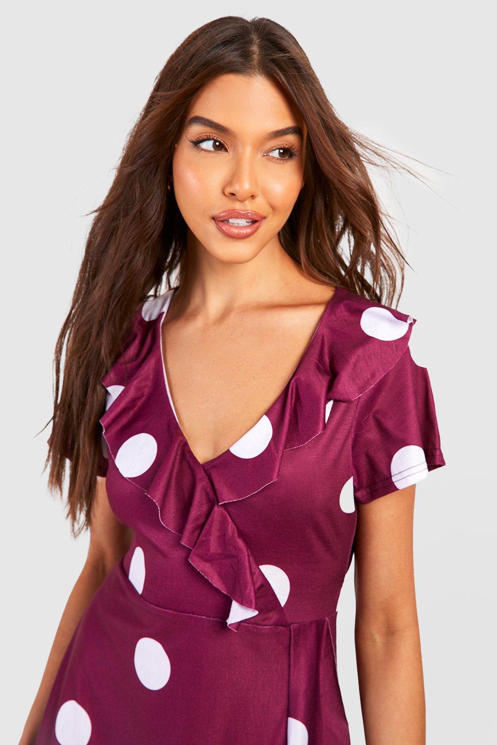 Boohoo polka dot wrap dress on sale