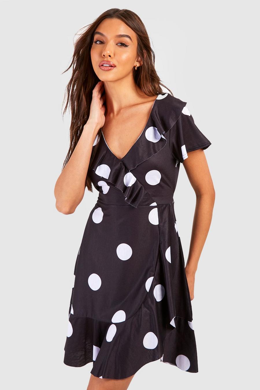 Black Polka Dot Ruffle Wrap Dress image number 1