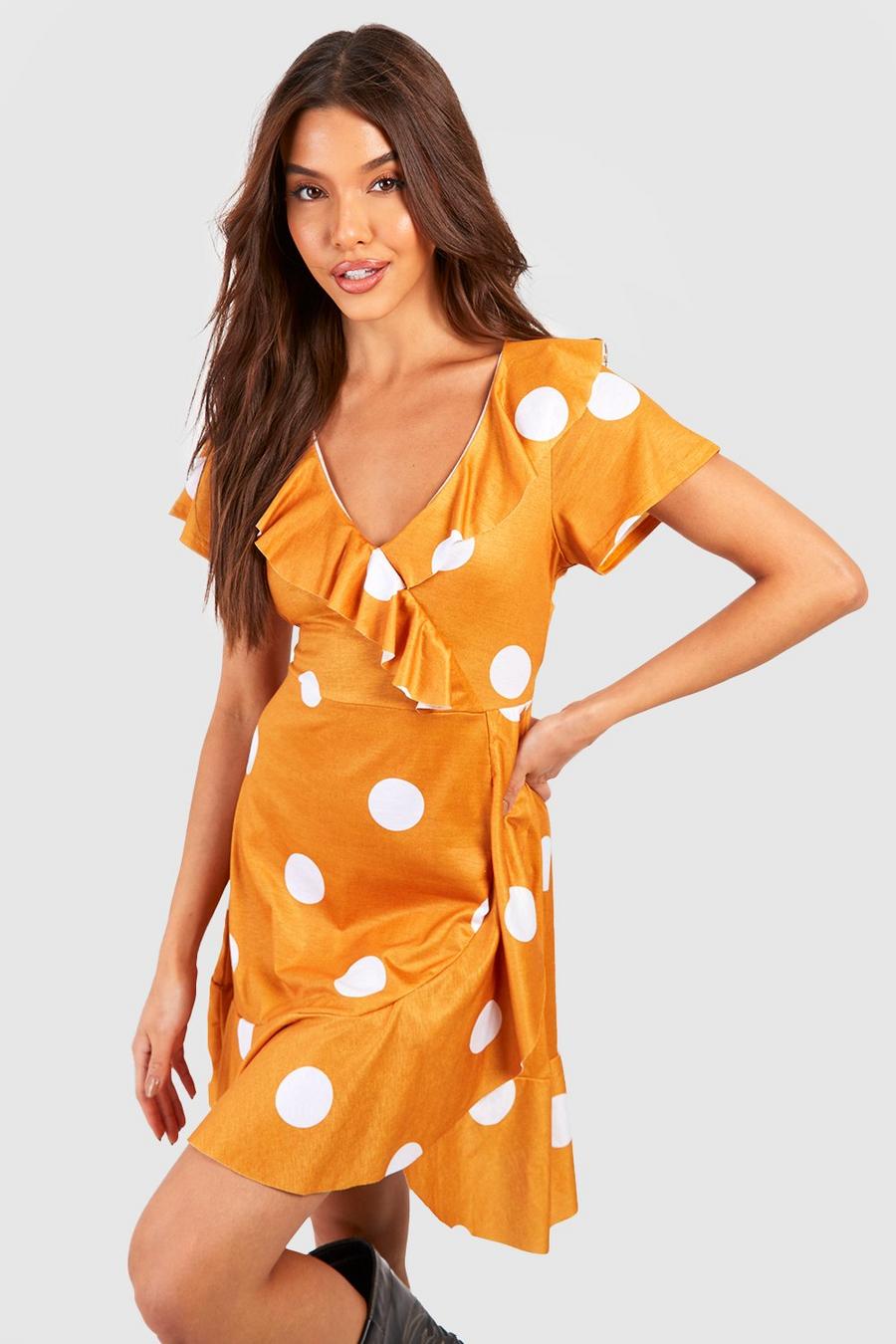 Mustard Polka Dot Ruffle Wrap Dress