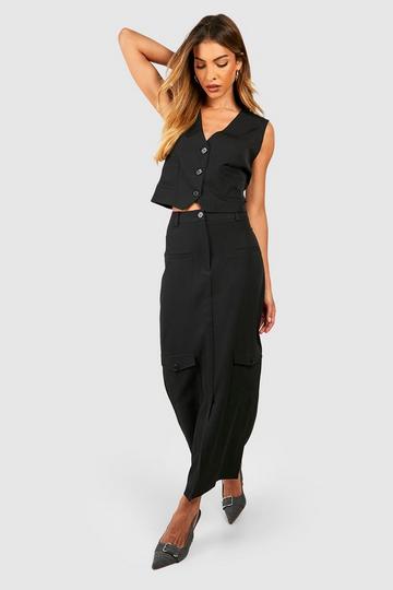 Split Front Tailored Cargo Midaxi Skirt black