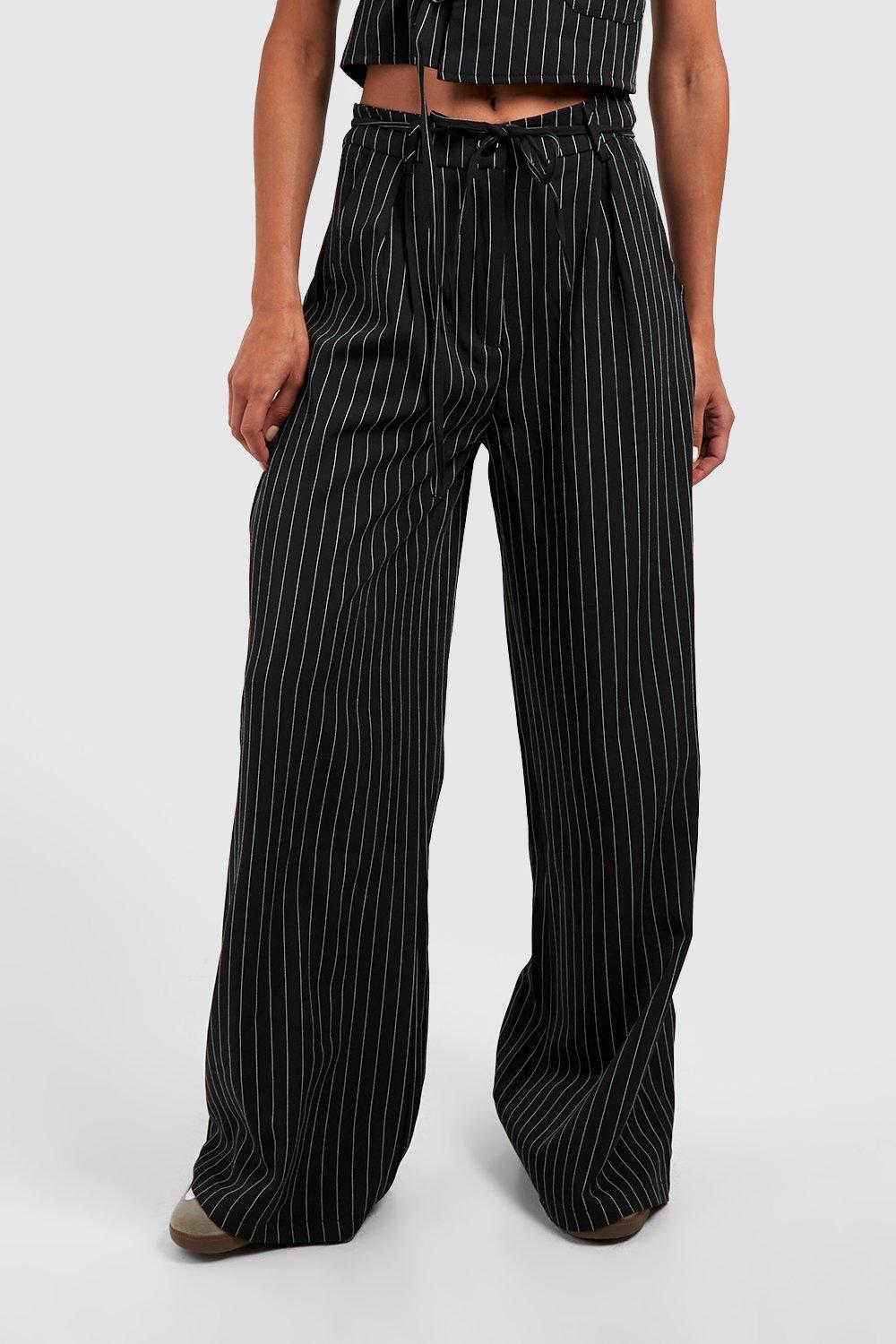 Black Crepe Stripe Tie Waist Wide Leg Pants  Wide leg trouser, Fancy  outfits, Striped tie