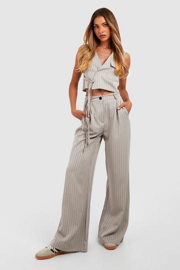 Pinstripe Tie Waist Tailored Wide Leg Pants grey