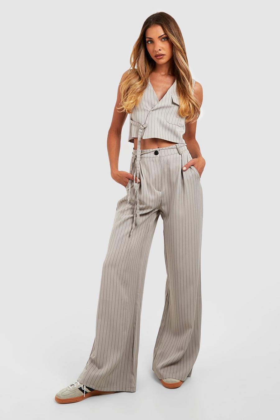 Grey Pinstripe Tie Waist Tailored Wide Leg Trousers image number 1