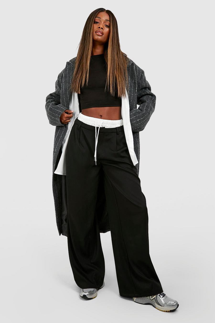 Black Boxer Waistband Wide Leg Trousers image number 1