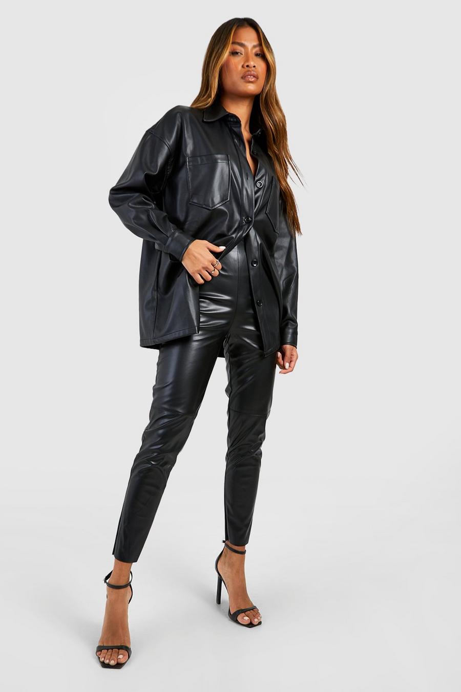 Black Leather Look Seamed Skinny Trousers