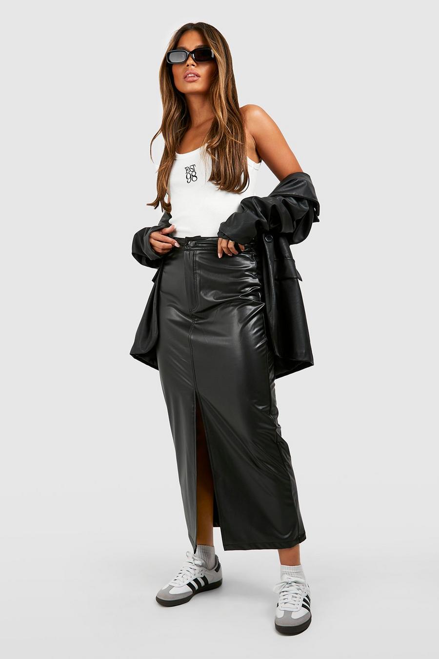 Black Faux Leather Super Stretch Split Midi Skirt image number 1