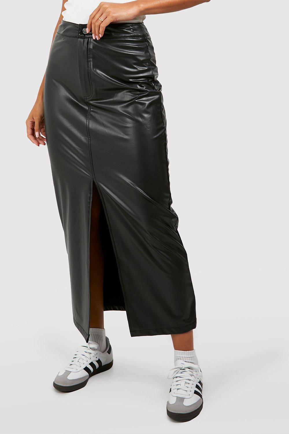 Faux Leather Super Stretch Split Midi Skirt