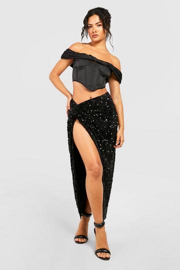 Black Velvet Sequin Knotted Split Midi Skirt