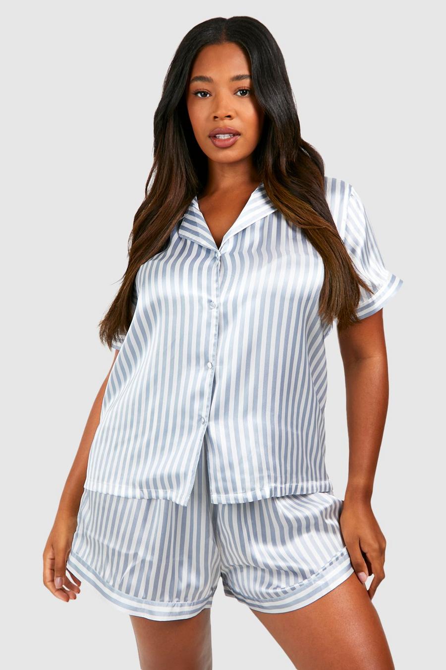 Pijama Plus corto de raso con rayas, Grey image number 1